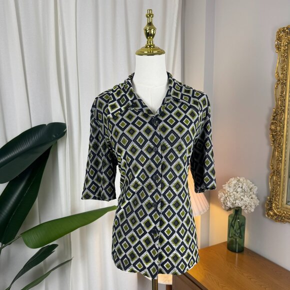 Vintage Geometric 70s Style Button-Up Semi Sheer Blouse sz L/XL - Picture 5 of 9